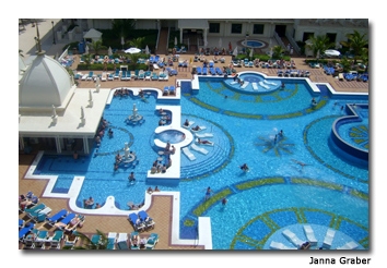The Riu Palace Aruba has two huge swimming pools where guests can sit at the swim-up bar or relax in the sun.